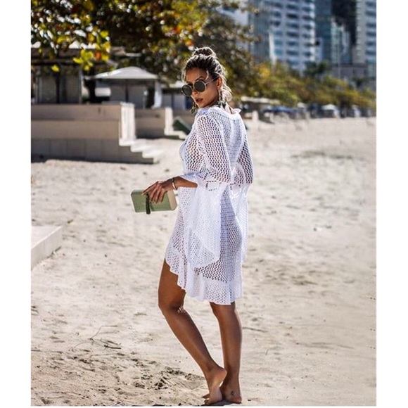 Crochet Open Knit Swimsuit Cover-Up in White - Picture 6 of 9